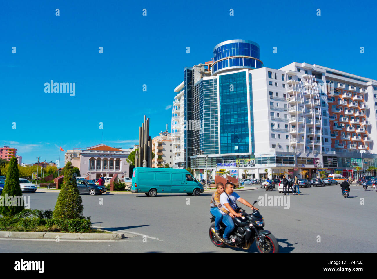 Sheshi Demokracia, roundabout and square, central Shkoder, northwestern Albania Stock Photo
