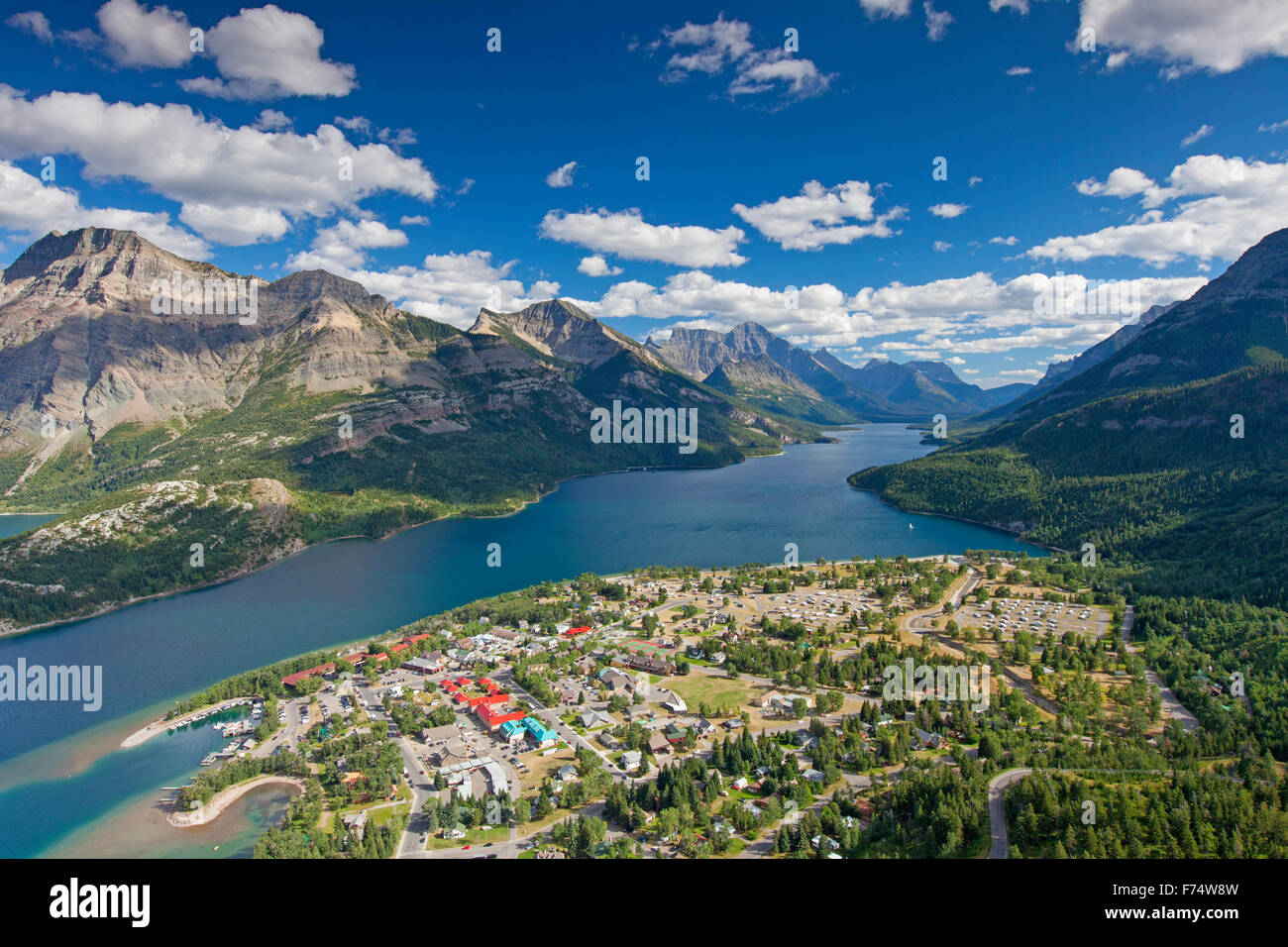 View from Bear's Hump over the hamlet Waterton Park, Waterton Lakes National Park, Alberta, Canadian Rockies, Canada Stock Photo