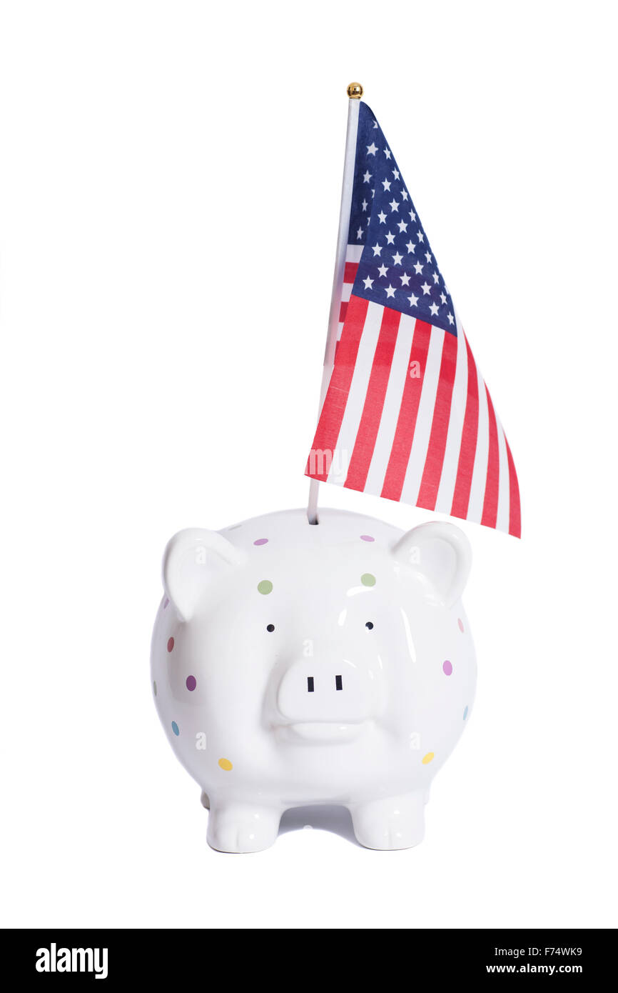 Piggy bank with American flag isolated on white Stock Photo