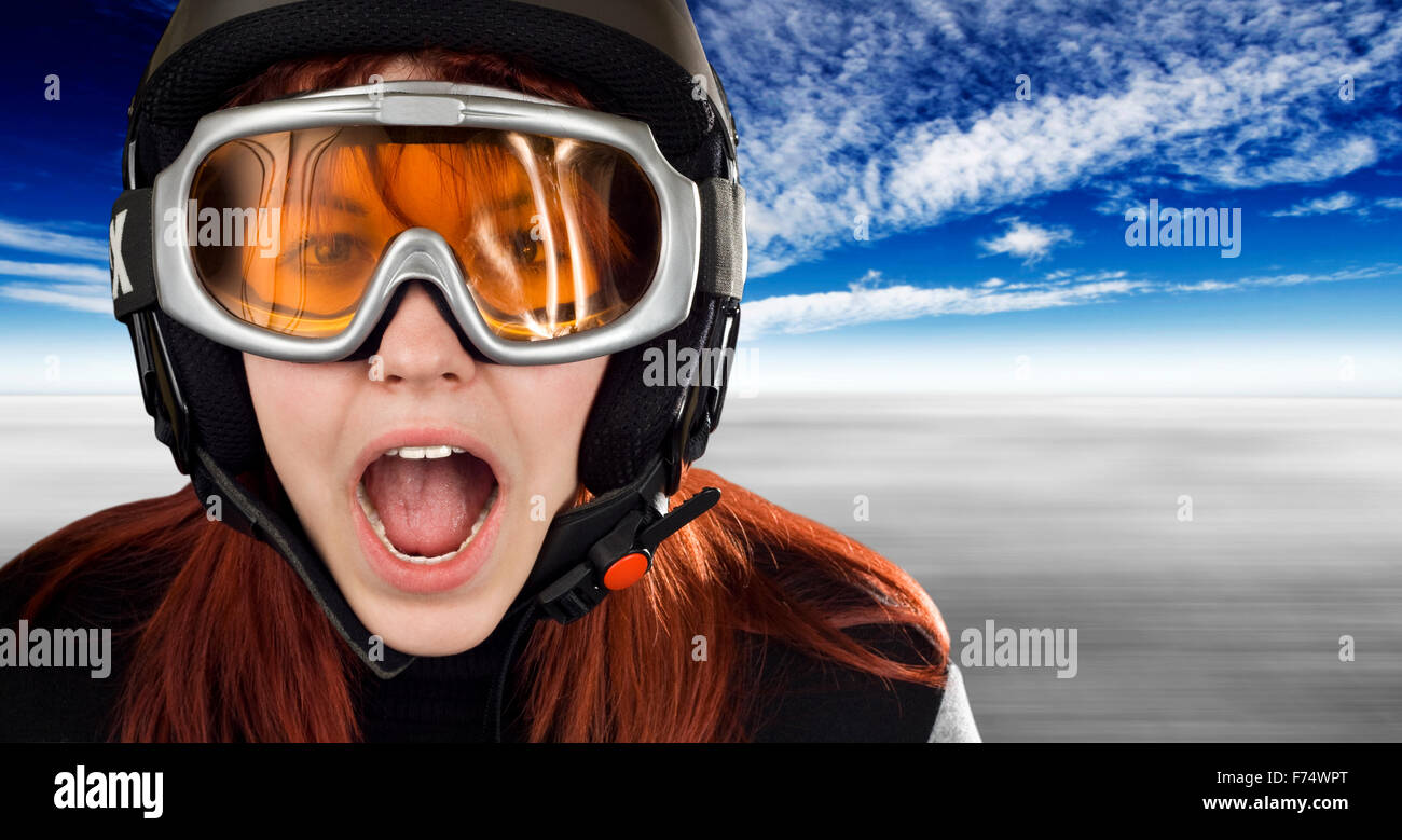 Cute girl with snowboarding helmet and goggles Stock Photo Alamy