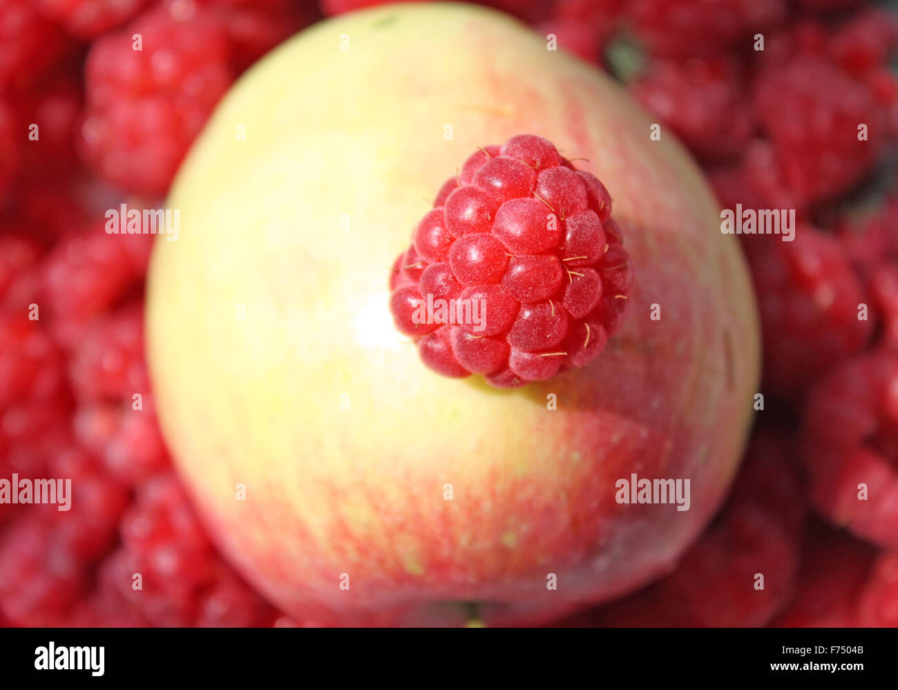 Raspberry on apple. Stock Photo