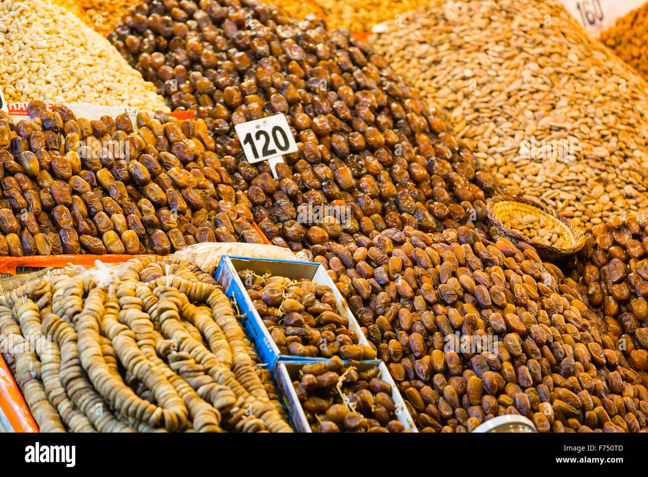 Dried dates, figs and nuts in Souk of Marrakech Medina Stock Photo