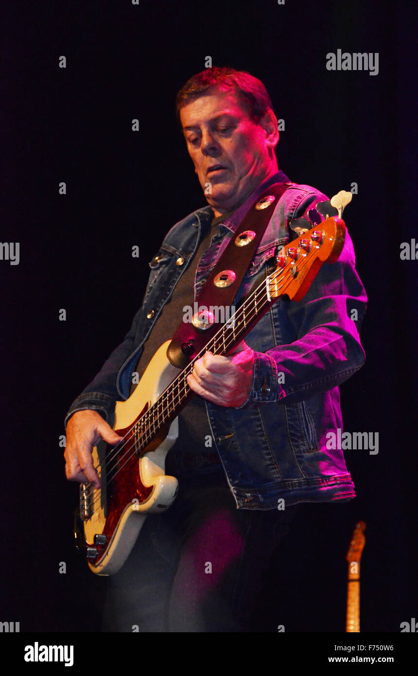 Gerry McAvoy of Band of Friends on stage playing his Fender Precision bass guitar Stock Photo