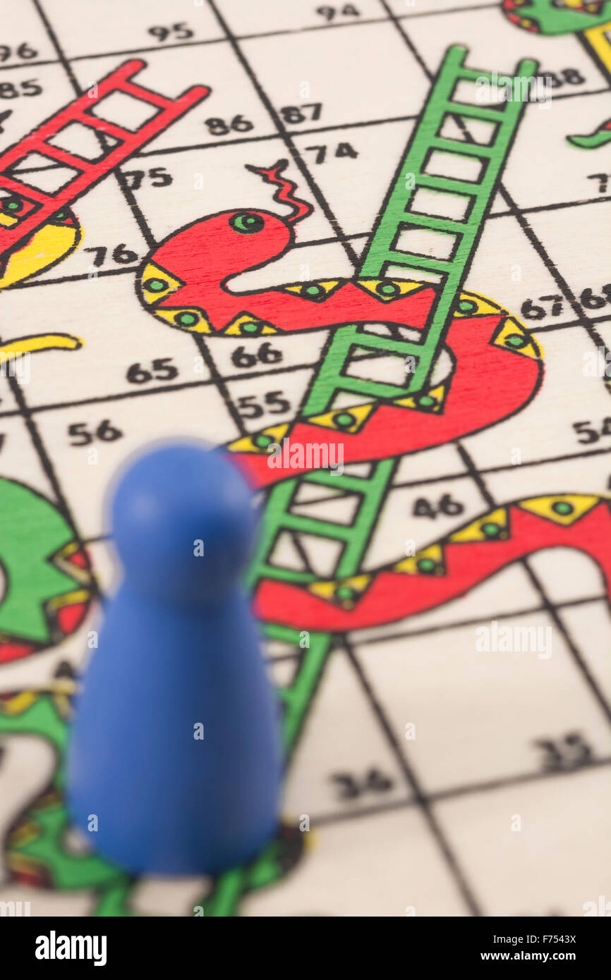 Closeup of travelling Snakes and Ladders game / board game. For 'career ladder', getting on the