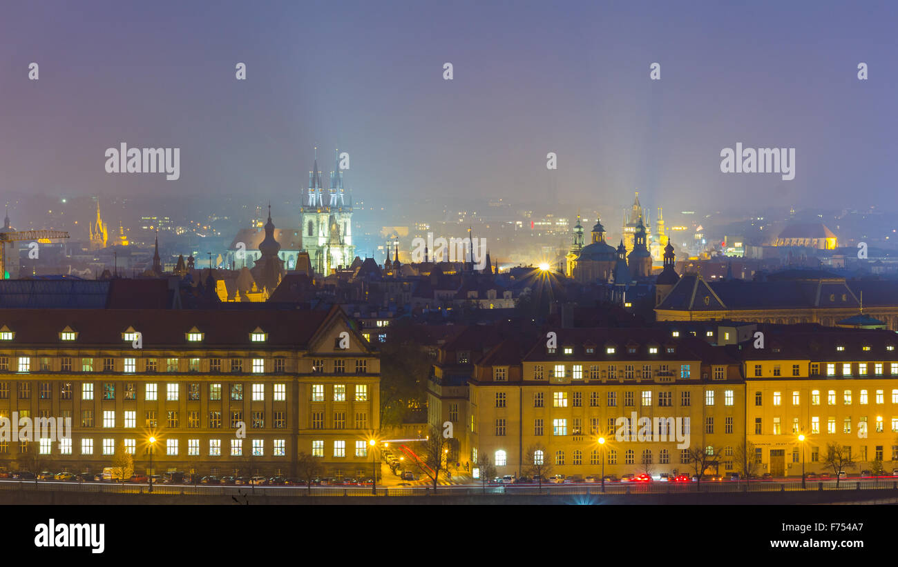 The View on Prague with gothic Castle in the Night Stock Photo