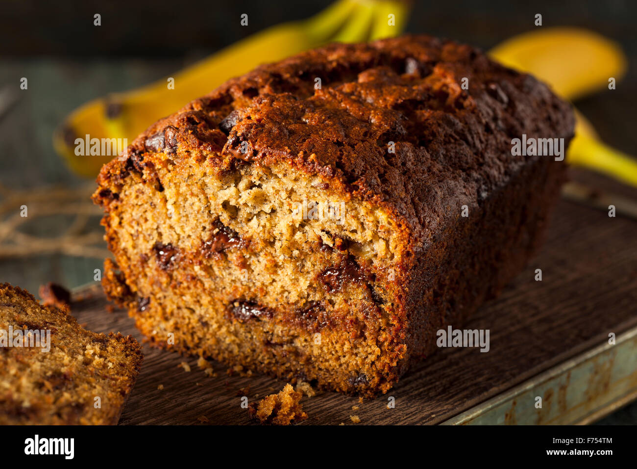 Homemade Chocolate Chip Banana Bread Cut in Slices Stock Photo