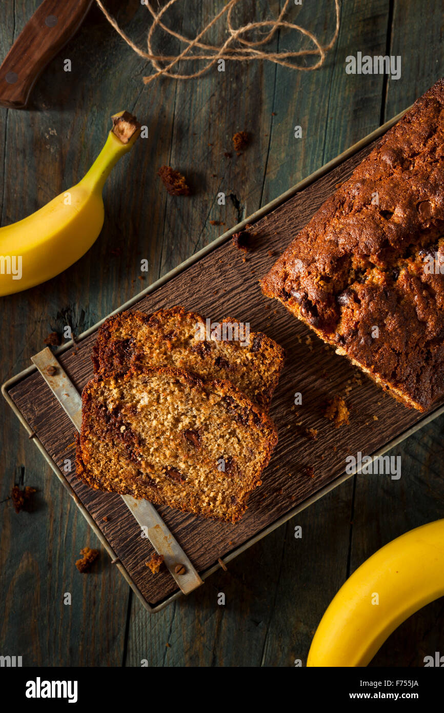 Homemade Chocolate Chip Banana Bread Cut in Slices Stock Photo