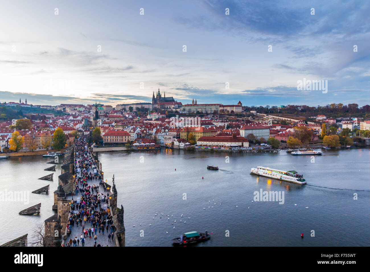 View to the night small district in big city Prague, Czech Republic. Stock Photo