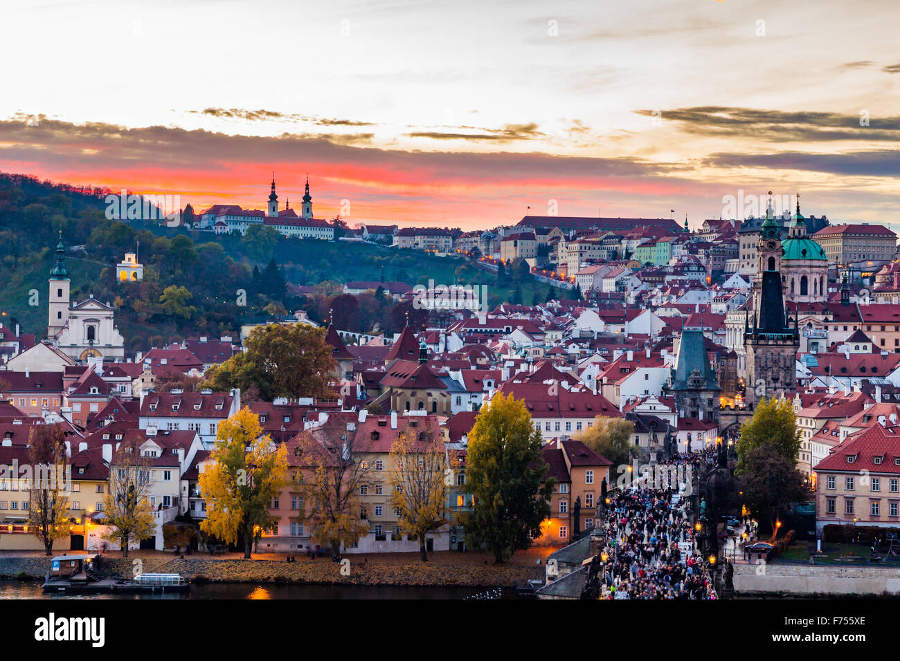 View to the night small district in big city Prague, Czech Republic. Stock Photo