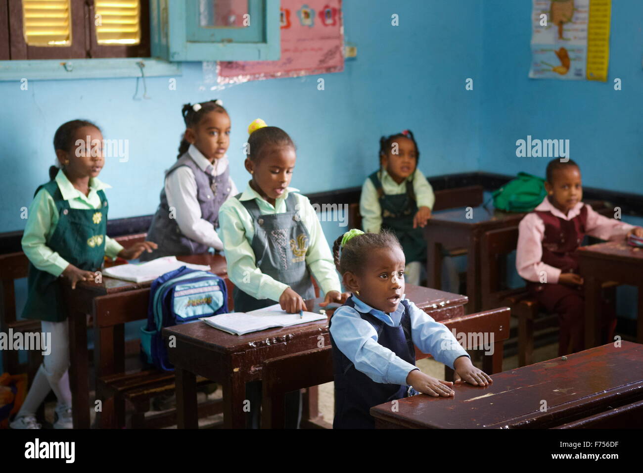 Egyptian children - Nubian village, child in the Nubian school, girl and boy learning in a small classroom Stock Photo