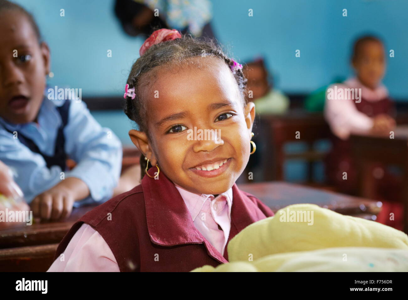 Egyptian child - nubian girl smiling, children in the school, portrait, Egypt Stock Photo