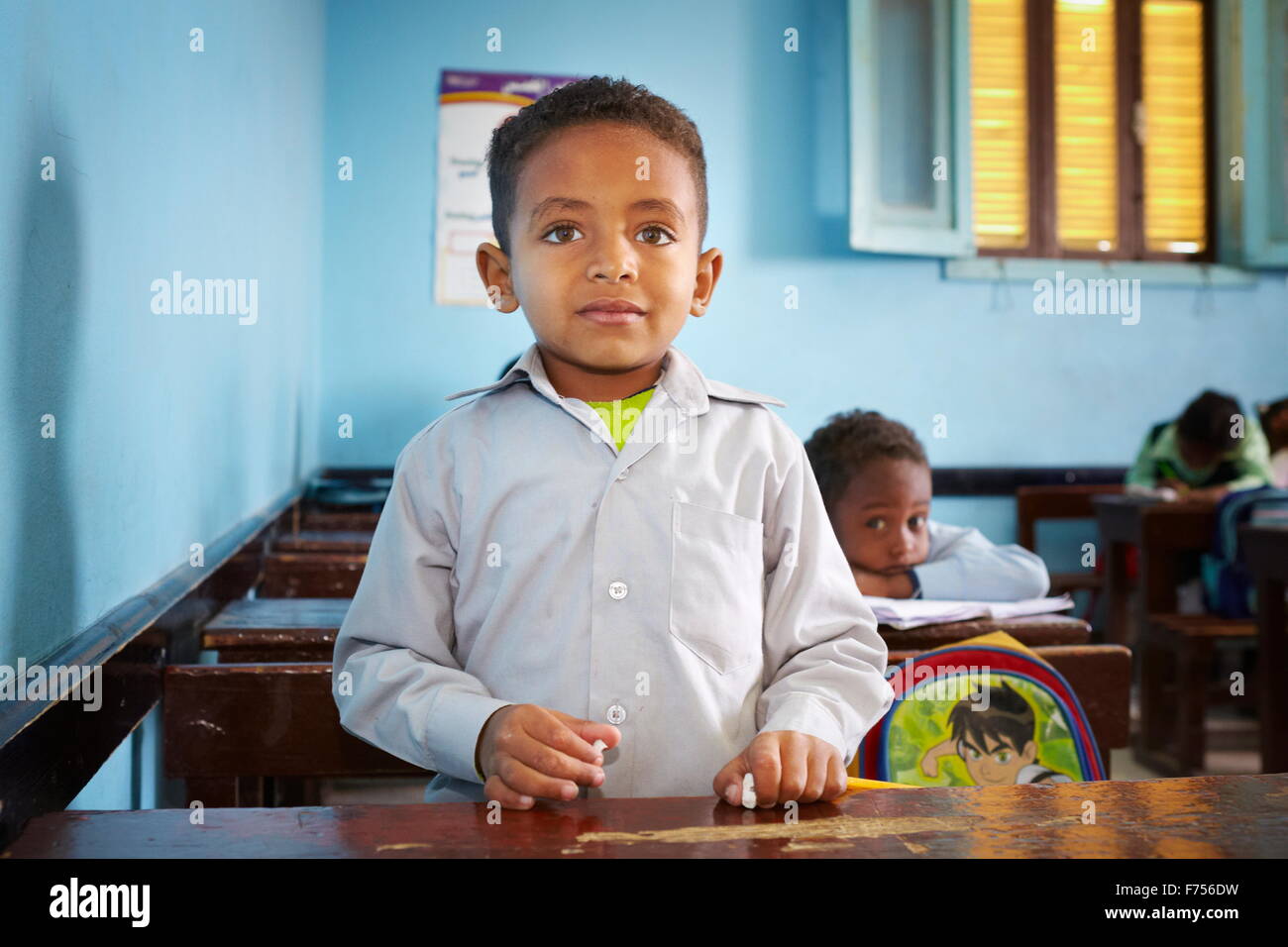 Egyptian child - Nubian village, portrait of the nubian boy, children learning in a classroom, Egypt Stock Photo