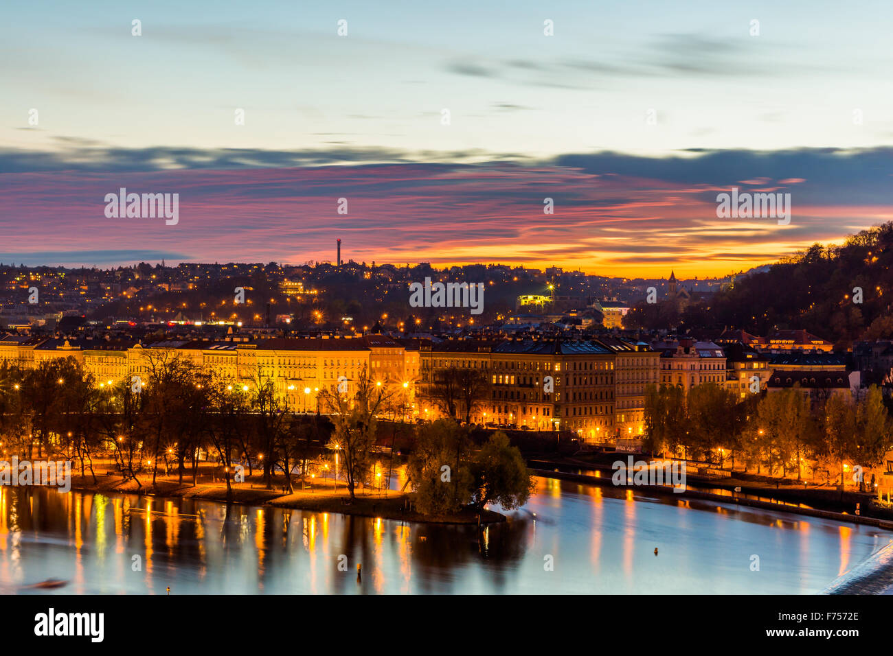 View to the night small district in big city Prague, Czech Republic. Stock Photo