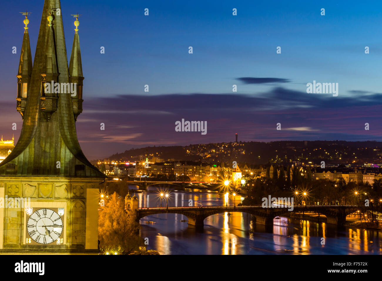 View to the night small district in big city Prague, Czech Republic. Stock Photo