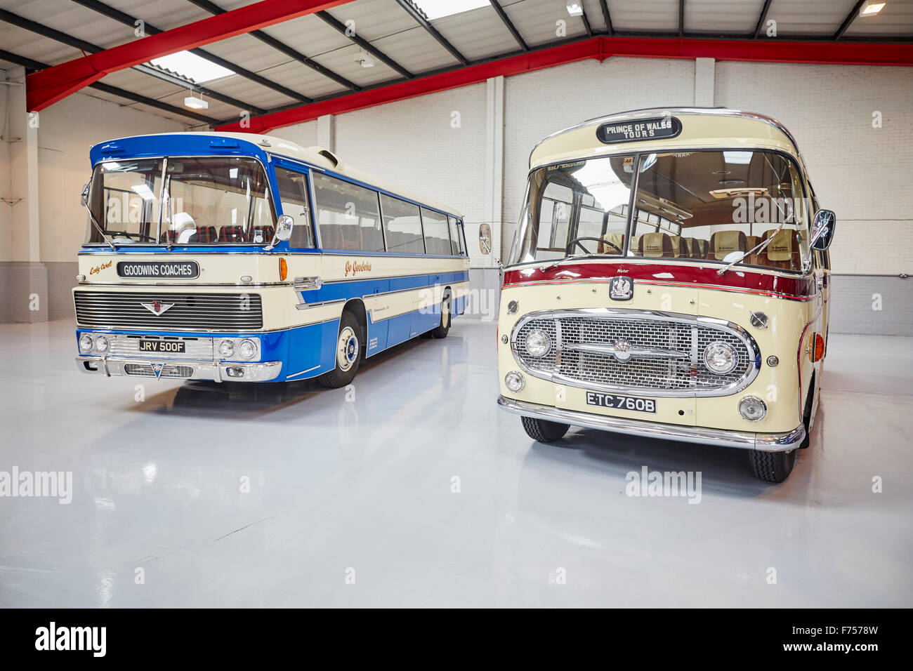 Manchester coach company Go Goodwins of Eccles  coaches stored in shed vintage showcase Bus buses  stopped double decker single Stock Photo