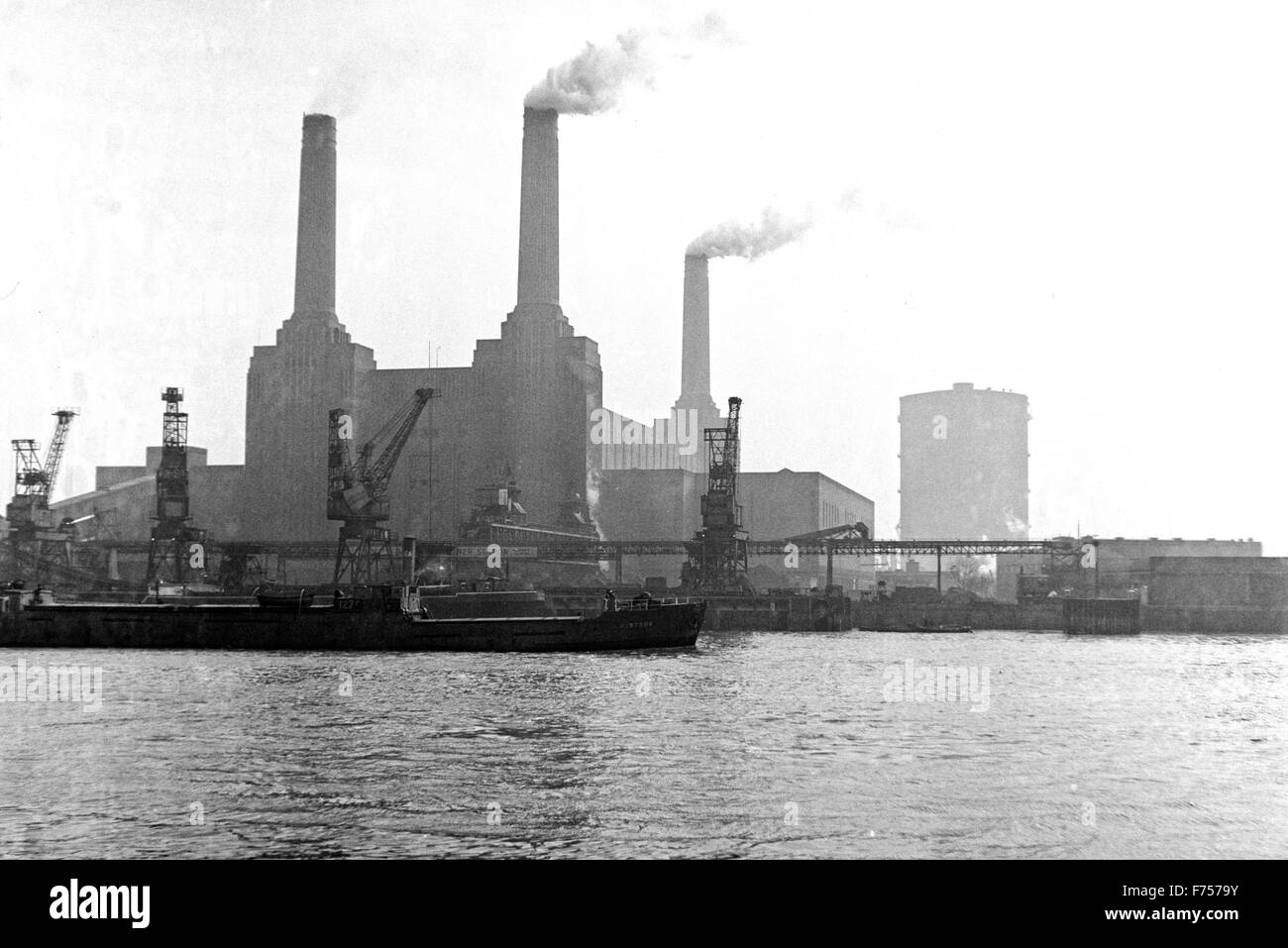 An archival image from 1952 of Battersea Power Station and taken looking over the Thames in London. Stock Photo