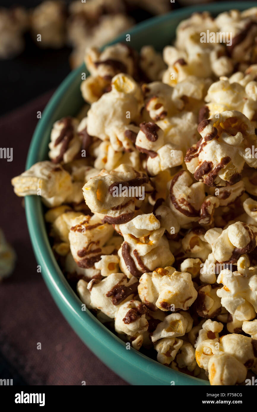 Homemade Chocolate Drizzled Caramel Popcorn Ready to Eat Stock Photo