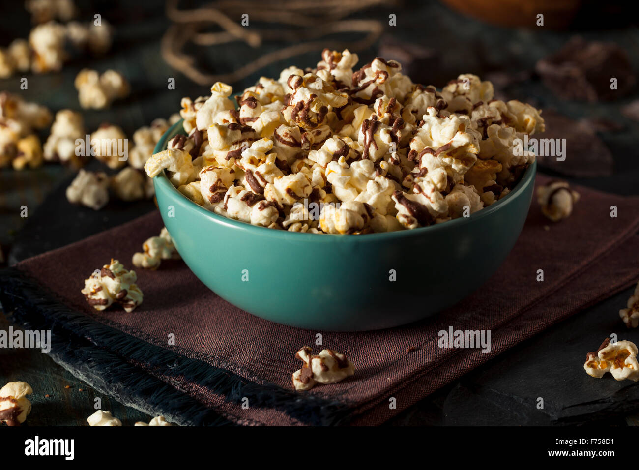 Homemade Chocolate Drizzled Caramel Popcorn Ready to Eat Stock Photo