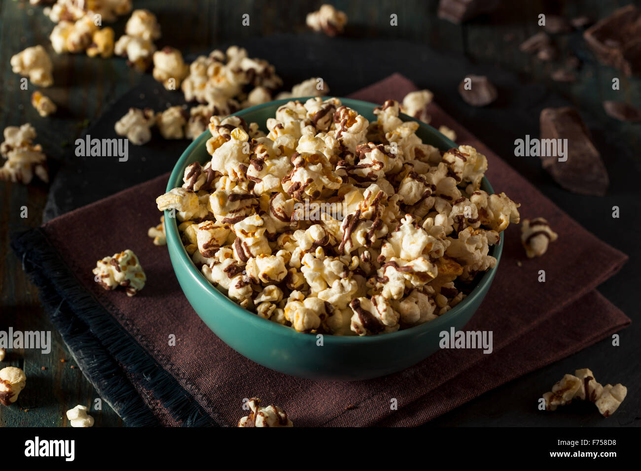 Homemade Chocolate Drizzled Caramel Popcorn Ready to Eat Stock Photo