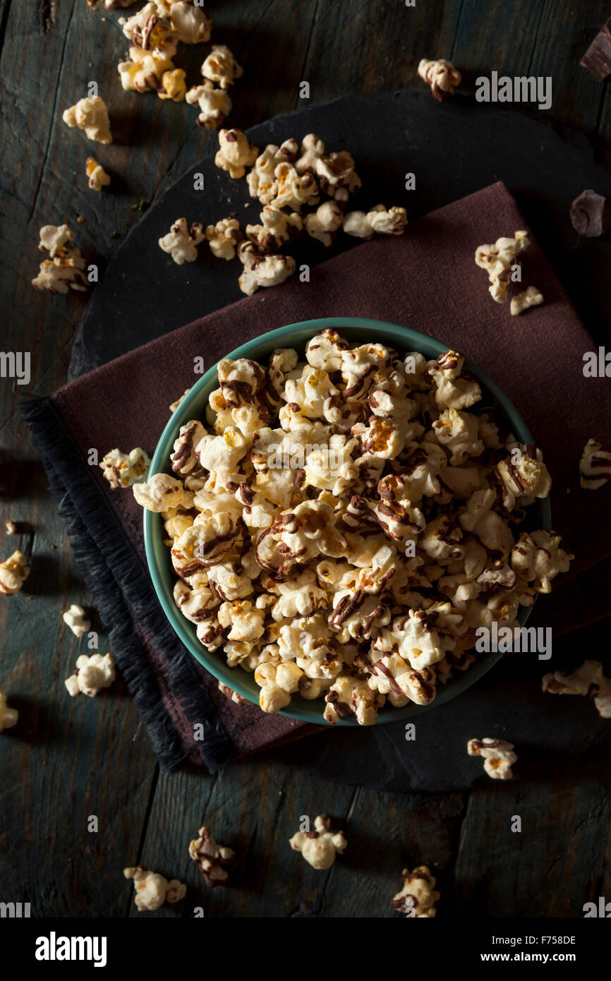 Homemade Chocolate Drizzled Caramel Popcorn Ready to Eat Stock Photo
