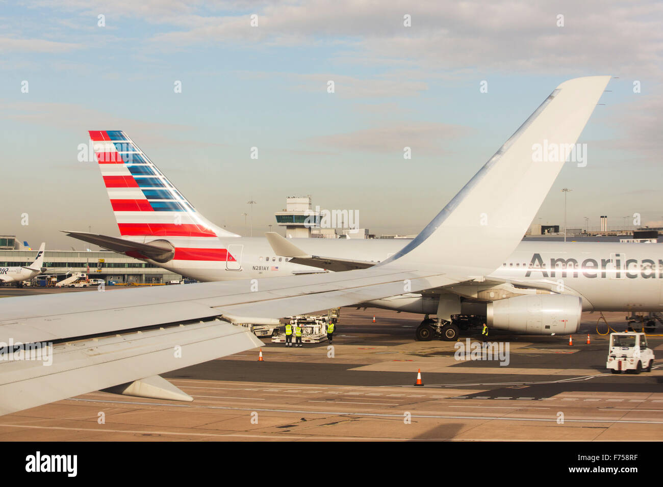 An American Airlines jet leaving Manchester airport, UK. Stock Photo