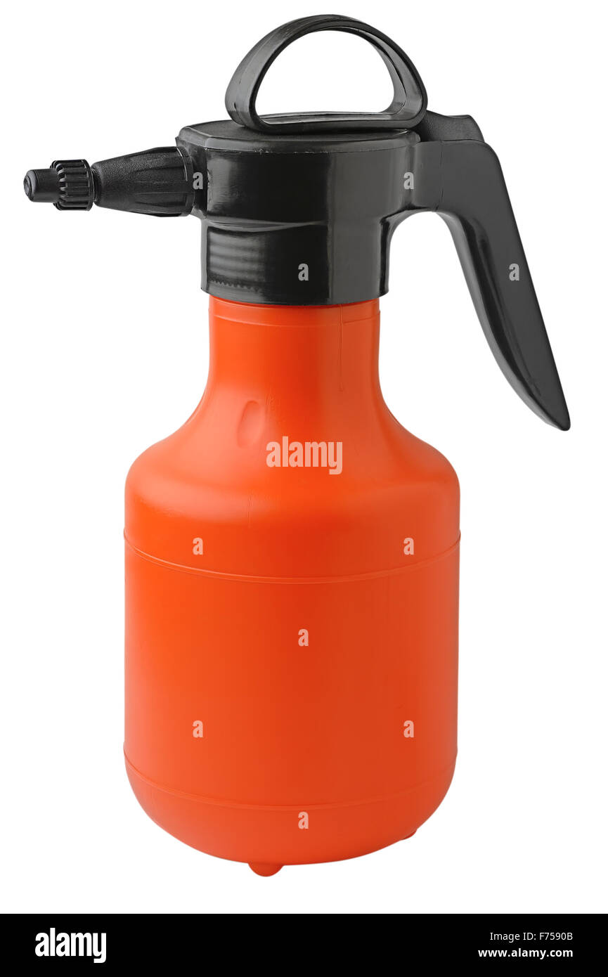 Manual garden sprayer orange. Isolated on white background. Stock Photo