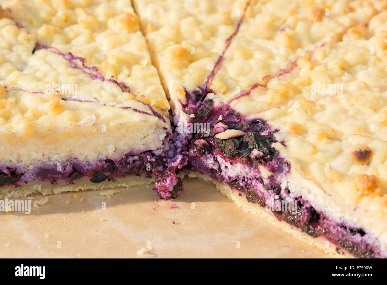 Homemade blueberry pie. Picture taken at the spring fair under the open sky on a sunny day. Close-up. Stock Photo