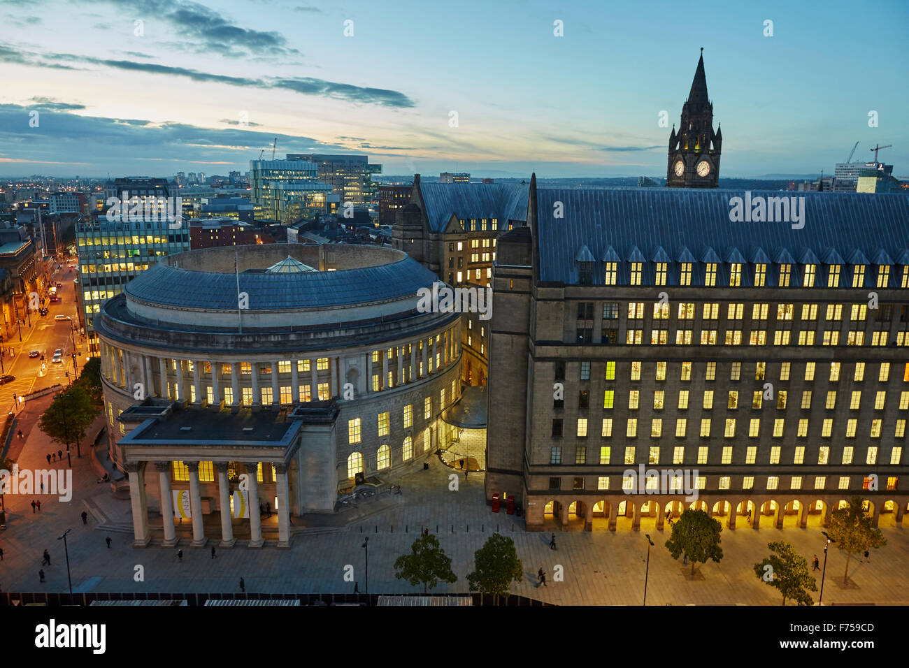 Manchester skyline showing the rooftops and central library and the