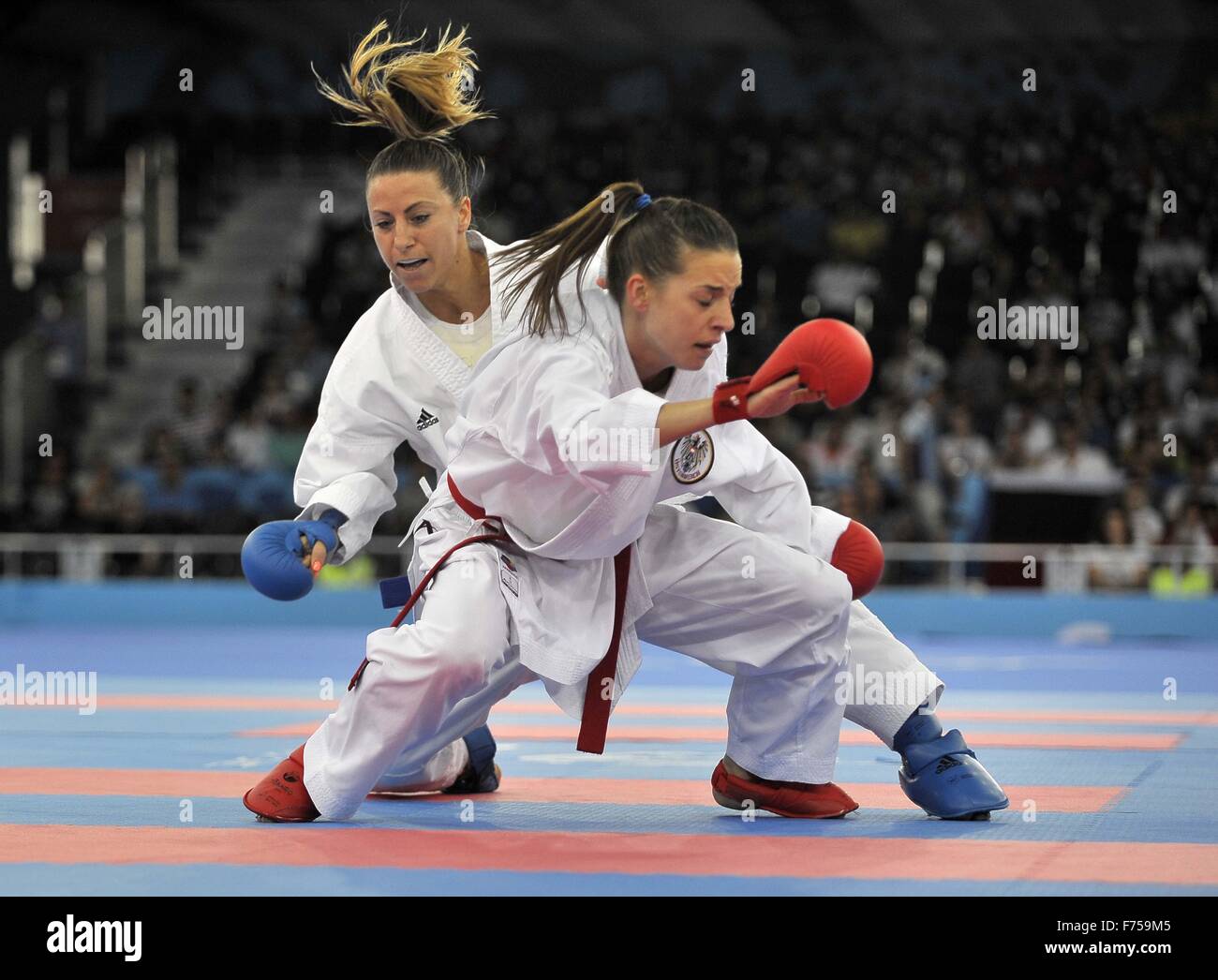 Bettina Plank (AUT, red) and Alexandra Recchia (FRA). Womens 50KG. Karate. Crystal Hall 3. Baku. Azerbaijan. Baku2015. 1st European Games. 13/06/2015. Stock Photo