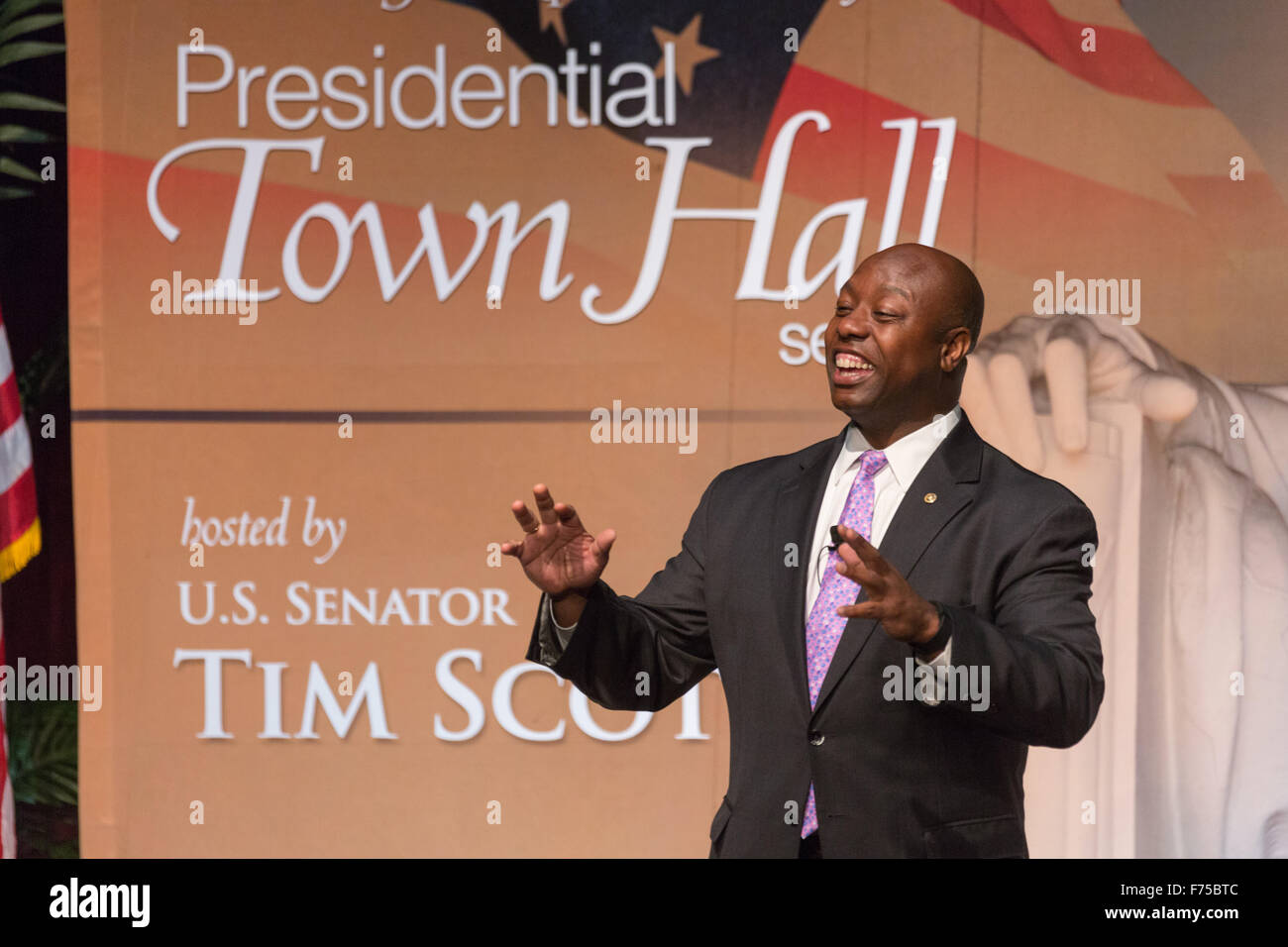 U.S. Senator Tim Scott during Tim's Presidential Town Hall meeting at the Performing Arts Center August 7, 2015 in North Charleston, SC. The event showcases republican candidates in a town hall style meetings hosted by Scott and Rep. Trey Gowdy. Stock Photo