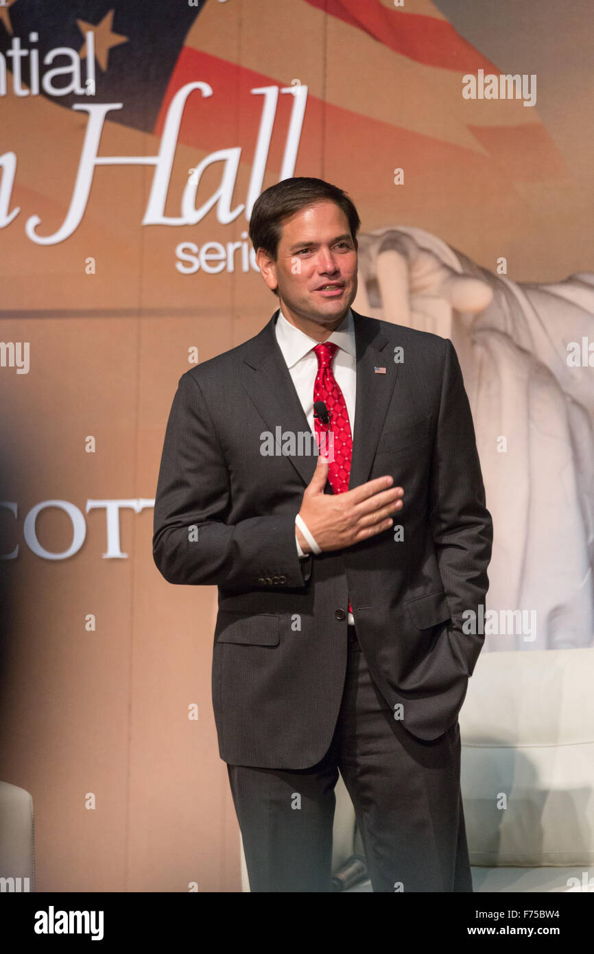 Senator and GOP presidential candidate Marco Rubio attends Tim's Presidential Town Hall meeting at the Performing Arts Center August 7, 2015 in North Charleston, SC. The event showcases republican candidates in a town hall style meetings hosted by Sen. Tim Scott and Rep. Trey Gowdy. Stock Photo