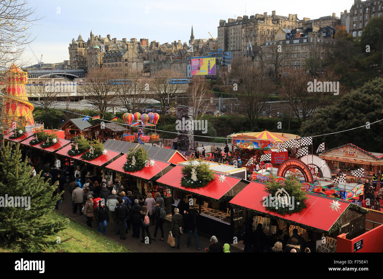Popular Edinburgh Christmas market, in East Princes Street Gardens, in Scotland, UK Stock Photo