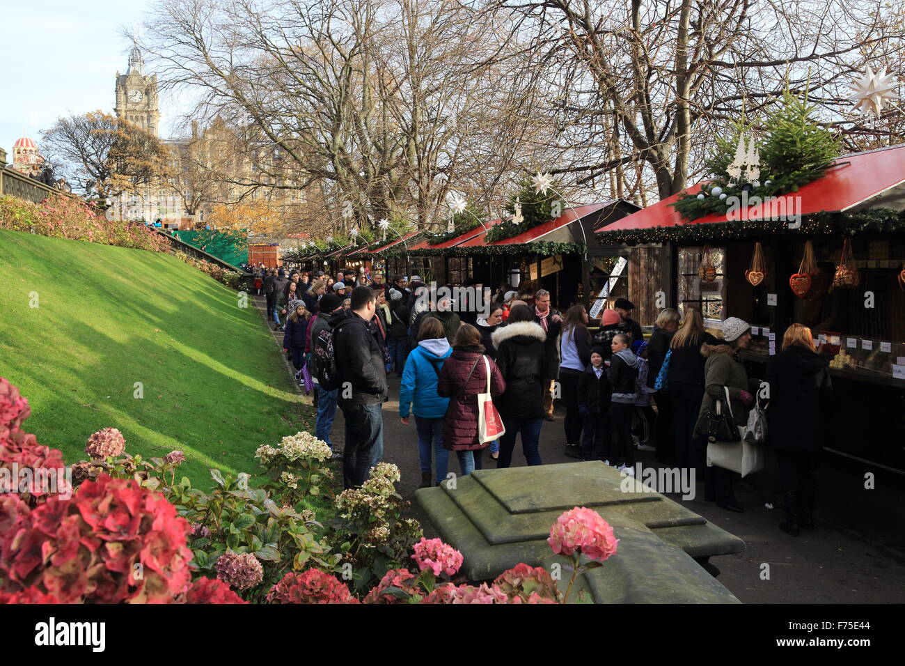 Popular Edinburgh Christmas market, in East Princes Street Gardens, in Scotland, UK Stock Photo