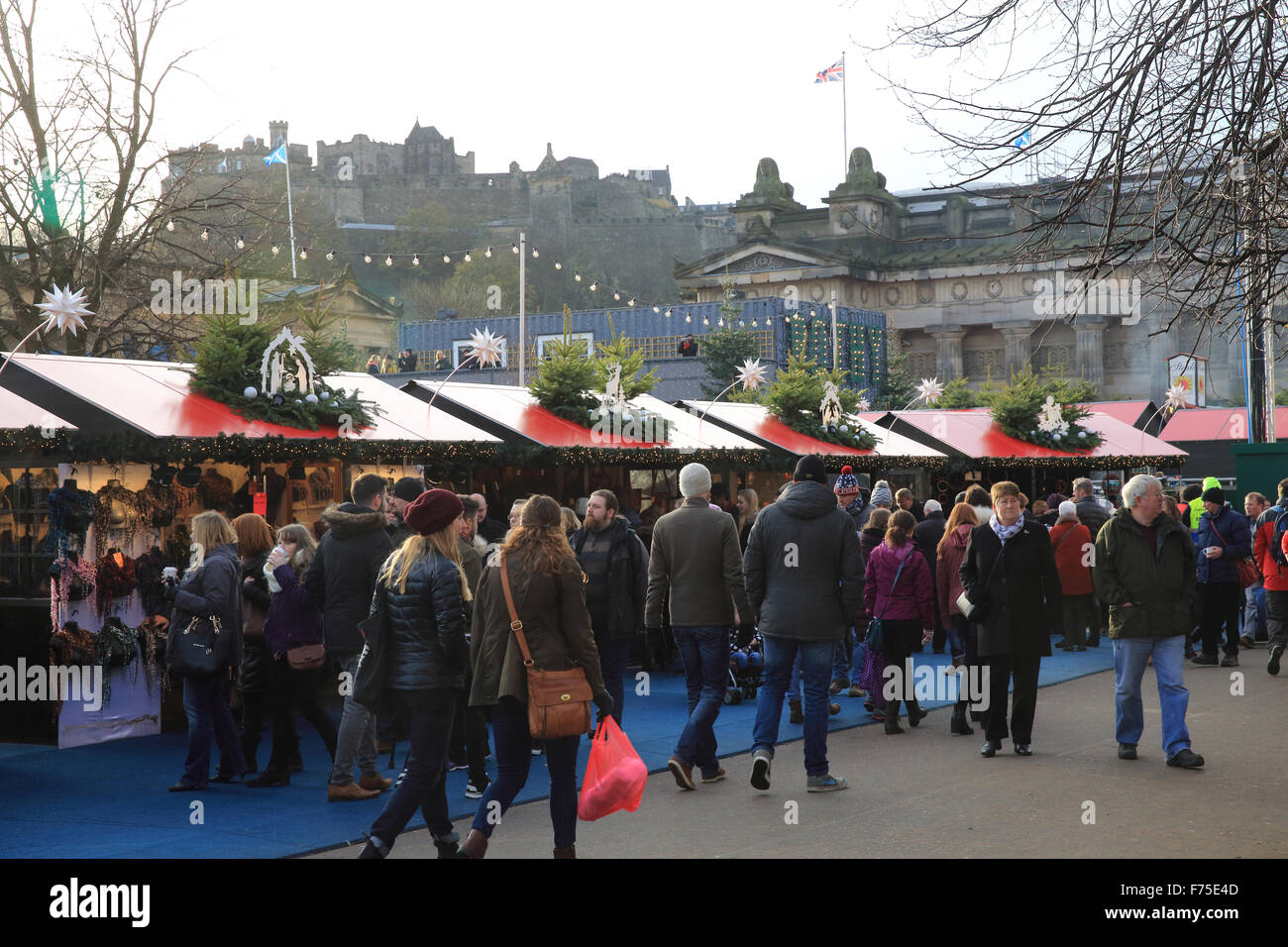 Edinburgh Christmas market in East Princes Street Gardens, with the