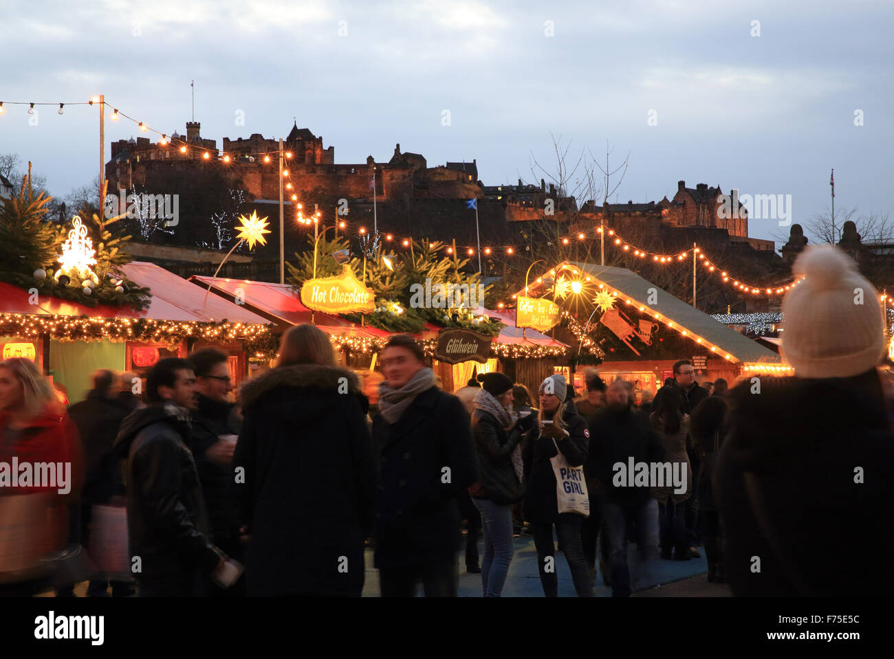 Edinburgh Christmas Market in East Princes Street Gardens, with the