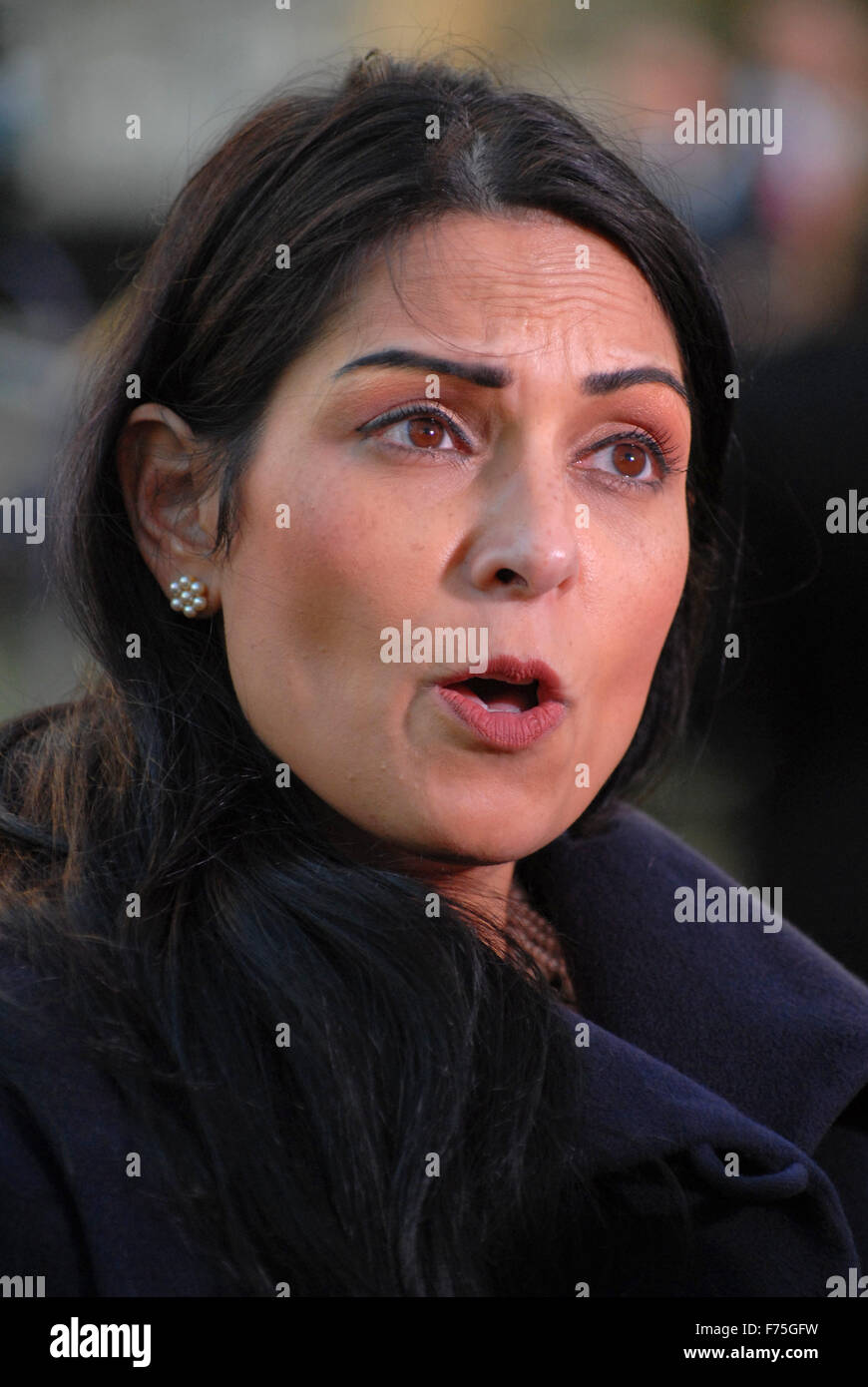 London, UK, 25 November 2015, Priti Patel meets the press. Politicians gathered on College Green to meet the media and comment on George Osborne's budget Annual Statement. Credit:  JOHNNY ARMSTEAD/Alamy Live News Stock Photo
