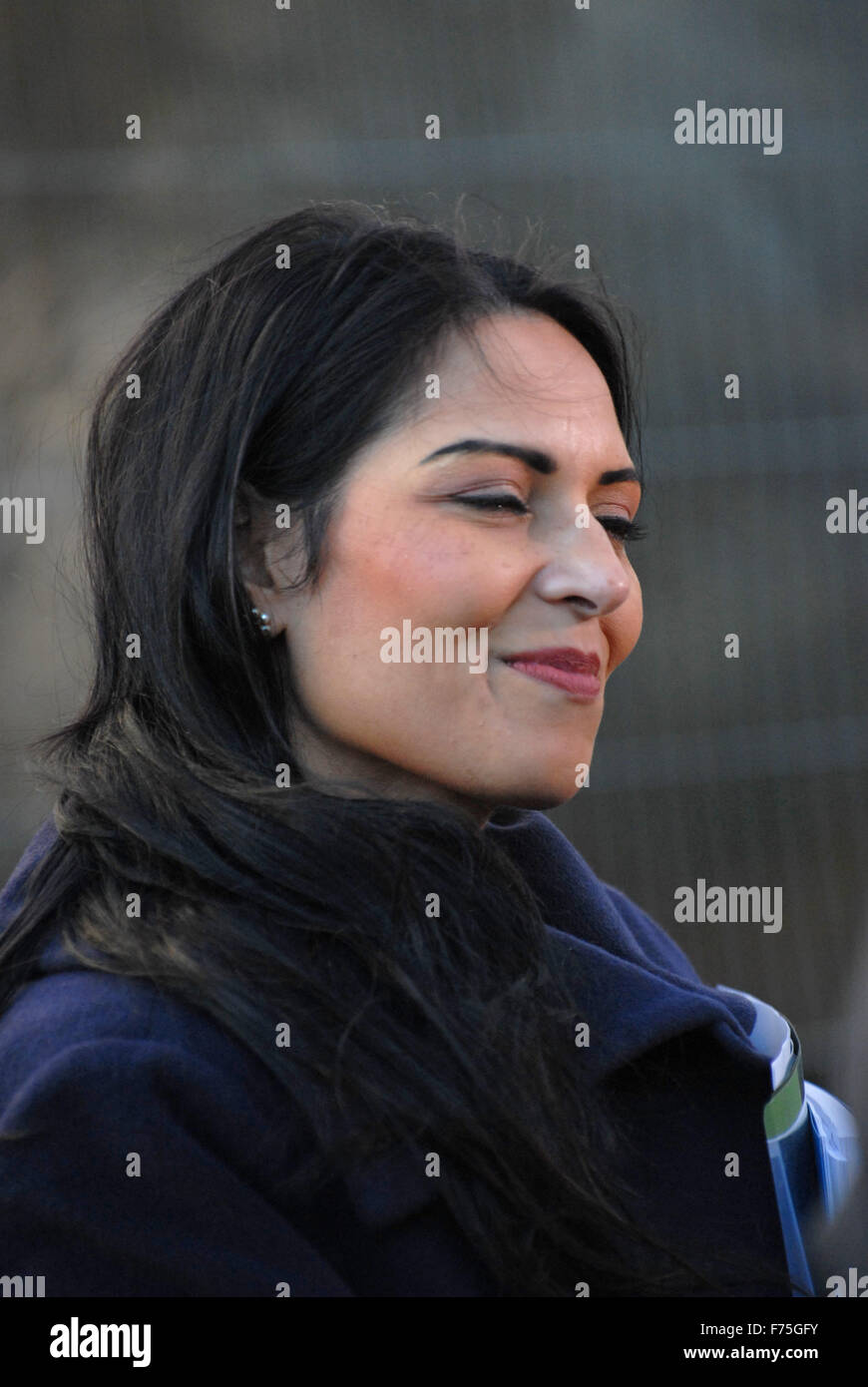 London, UK, 25 November 2015, Priti Patel meets the press. Politicians gathered on College Green to meet the media and comment on George Osborne's budget Annual Statement. Credit:  JOHNNY ARMSTEAD/Alamy Live News Stock Photo