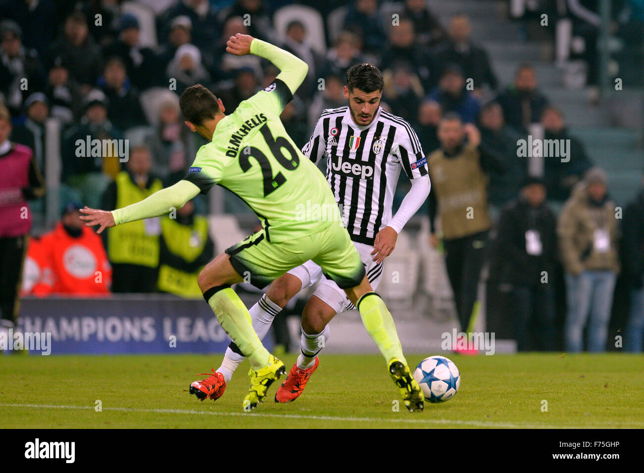 Turin, Italy. 25th Nov, 2015. Champions League. Juventus versus Manchester City. Alvaro Morata eludes the tackle from Martin Demichelis Credit:  Action Plus Sports/Alamy Live News Stock Photo