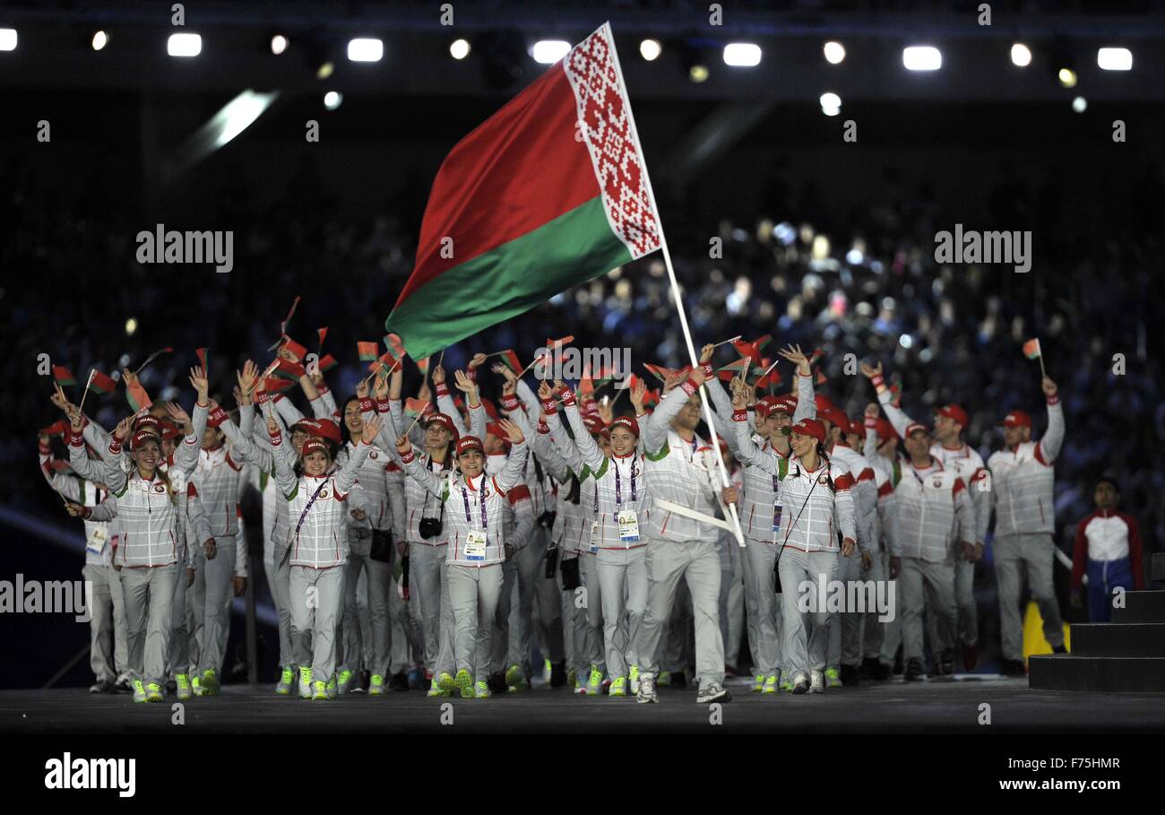 Belarus (BLR) in the athletes parade. Opening Ceremony. Olympic Stadium