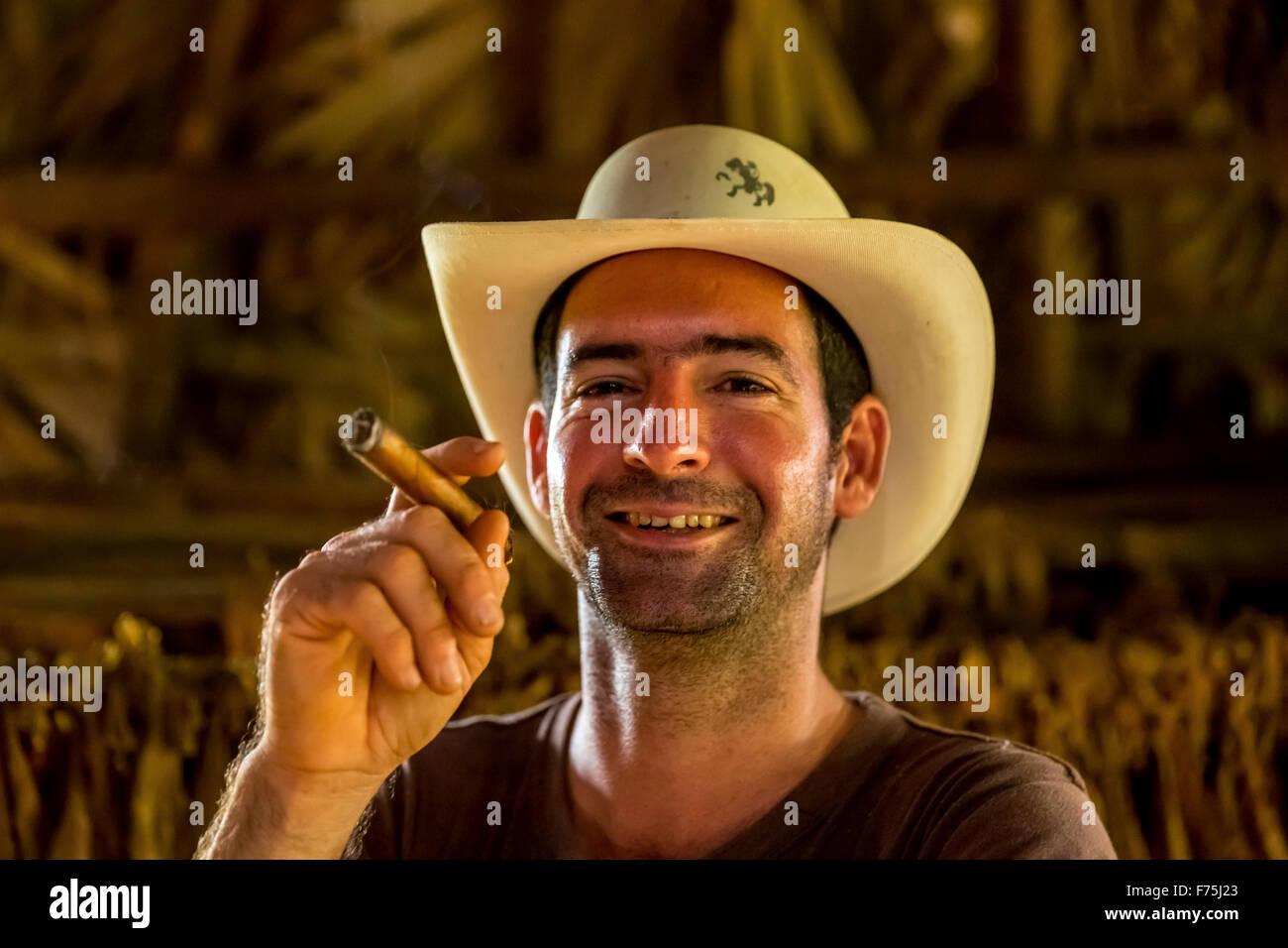 Tobacco farmer, tobacco farmer Luis Alvares Rodrigues man ignited a Havana cigar, Tobacco Farm in Vinales, Vinales, Cuba, Stock Photo