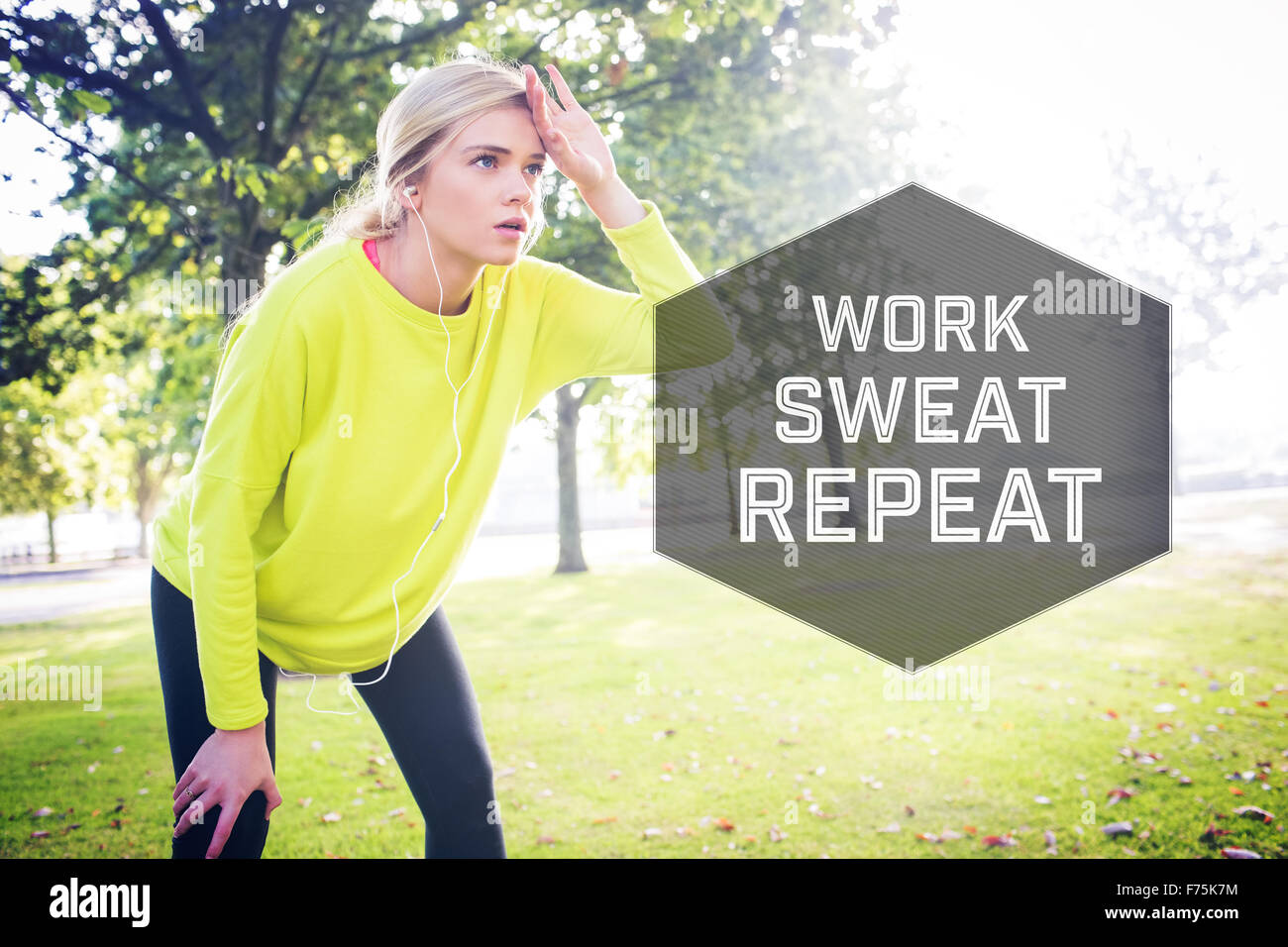 Composite image of active exhausted blonde pausing after running Stock Photo