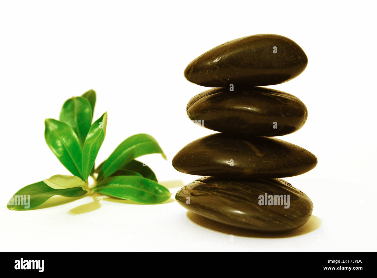 Spa stones with green leaf Stock Photo - Alamy