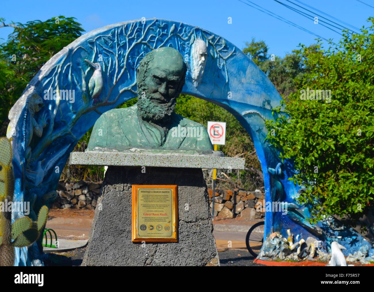 Bust of Charles Darwin in the town of Puerto Ayora Isla Santa