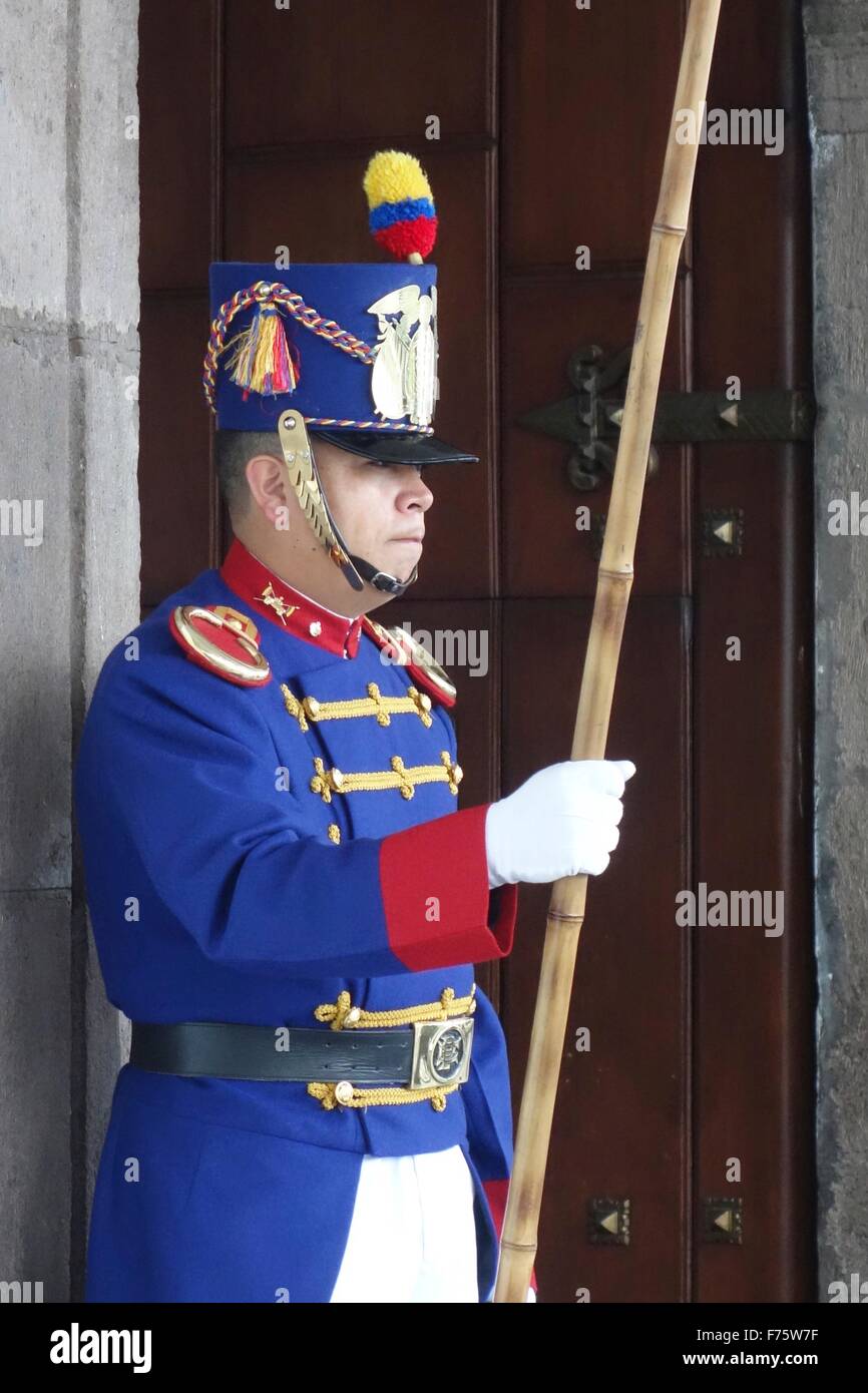 Guards on watch outside the Carondelet palace in the Plaza Grande, Quito, Ecuador Stock Photo