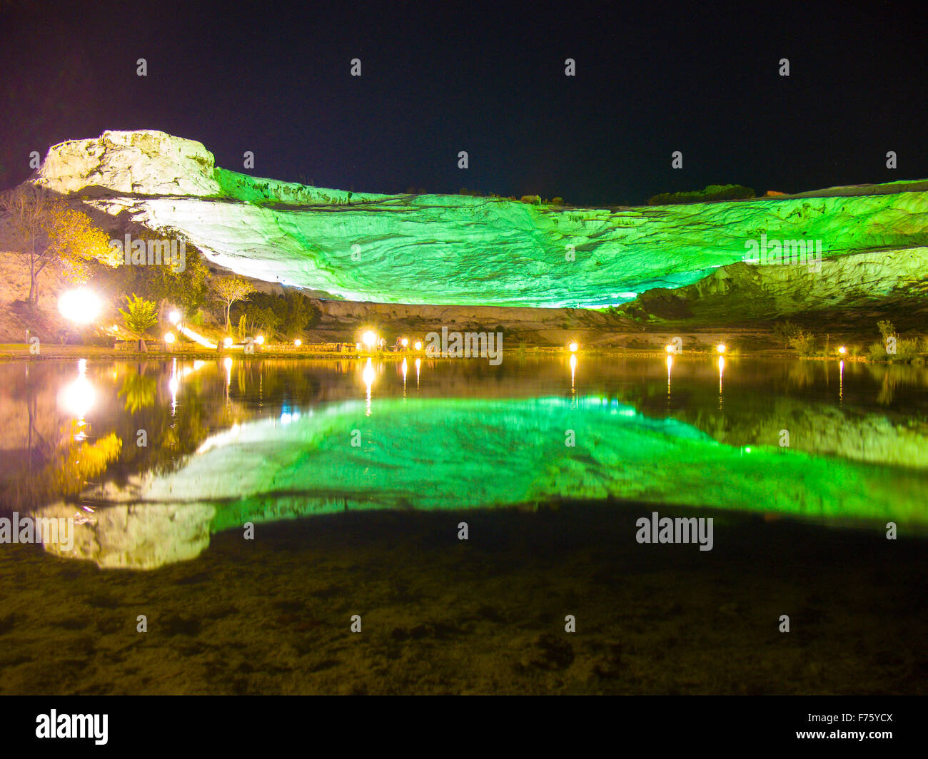 Travertines of Pamukkale, Turkey, night lighting. UNESCO World heritage Stock Photo