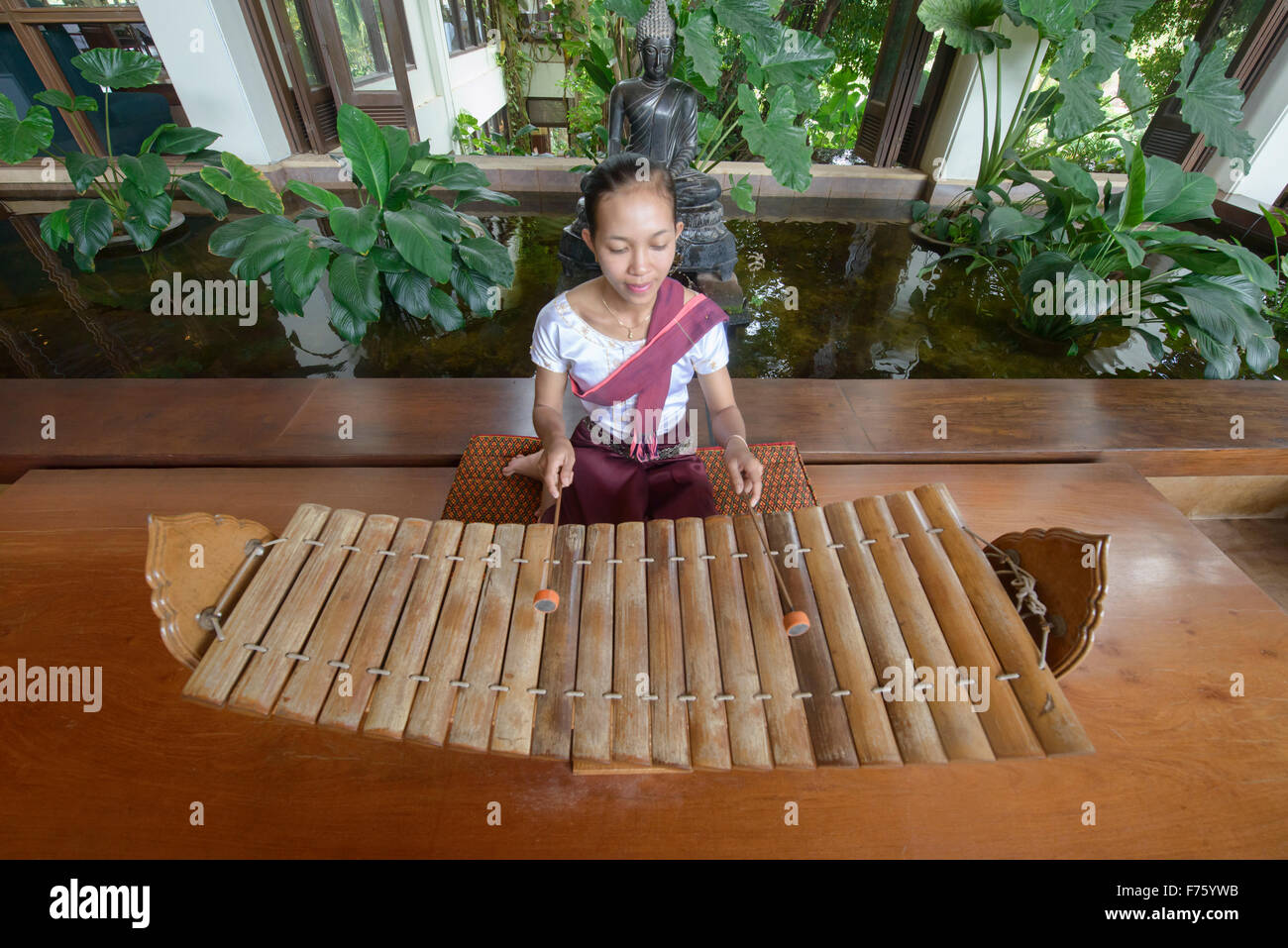 Musician playing a roneat, traditional Cambodian xylophone, Siem Reap