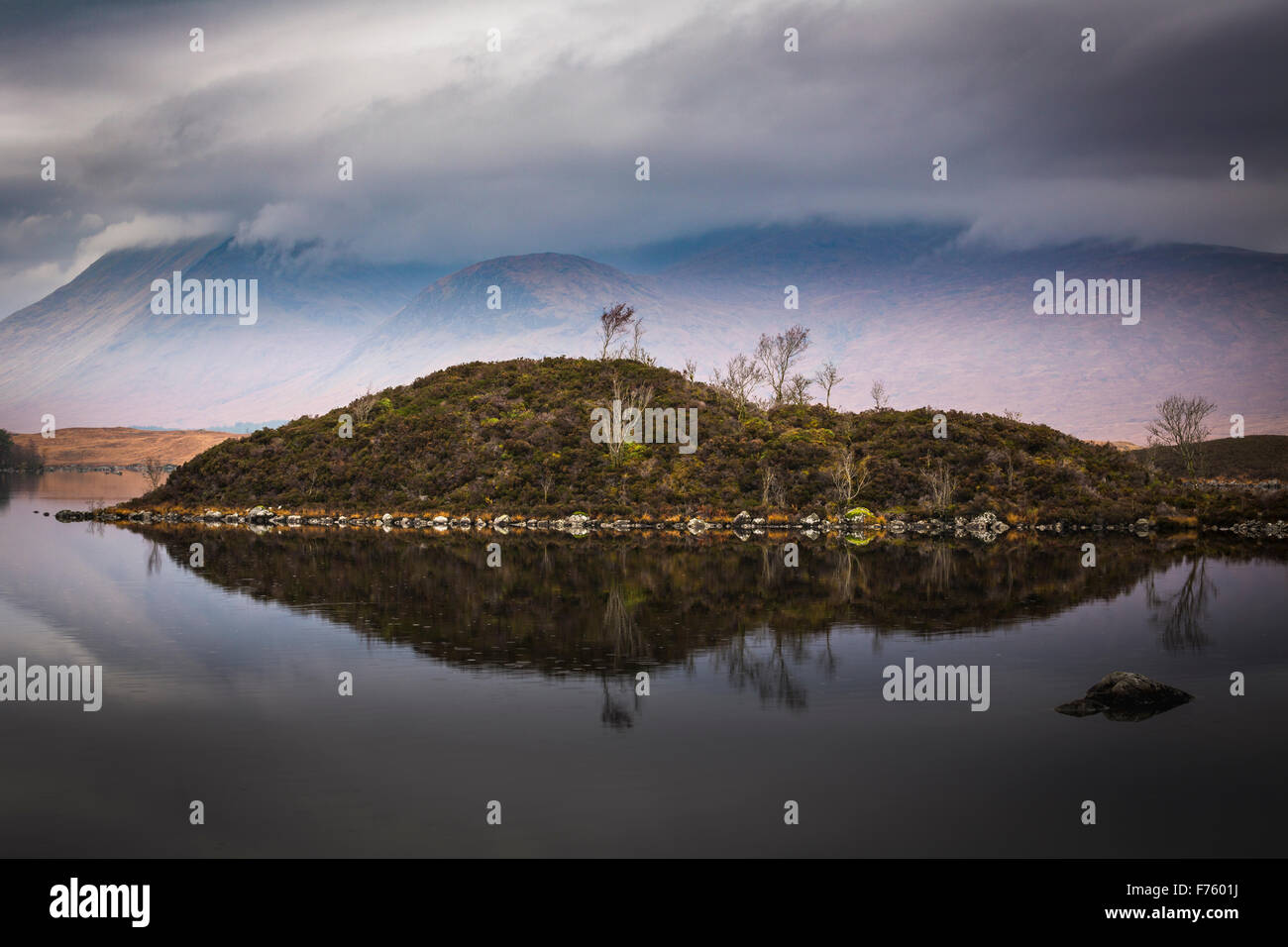 Autumn on Rannoch Moor, Lochan na h- Achlaise and the Black Mount under low rain clouds, Highlands, Scotland Stock Photo