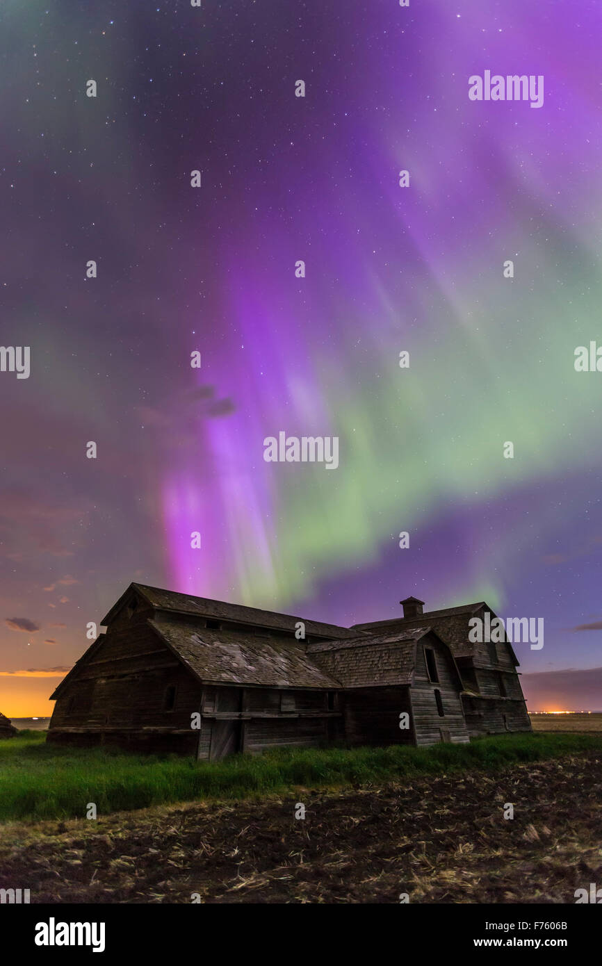 An all-sky aurora with green and purple curtains, the night of June 7-8, 2014, starting up about 12:30 and going until dawn. Thi Stock Photo
