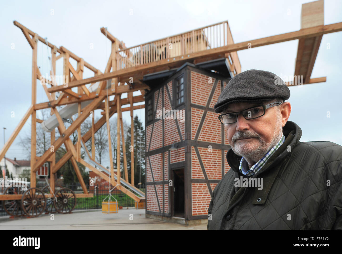Lilienthal, Germany. 25th Nov, 2015. Klaus-Dieter Uhden, head of the Telescopium project, poses in front of the Telescopium, a replica of an observatory from the 18th century, in Lilienthal, Germany, 25 November 2015. The observatory is scheduled to open on 28 November 2015. Photo: INGO WAGNER/dpa/Alamy Live News Stock Photo
