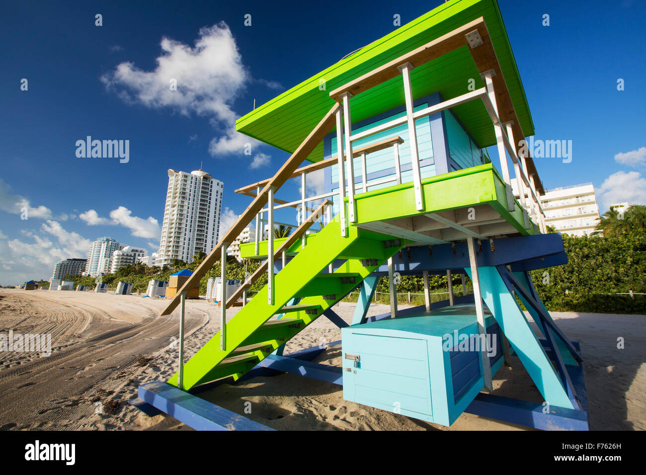A coast watch hut on Miami Beach, florida, USA. The Florida coastline is highly developed and low lying making it very vulnerable to sea level rise. Stock Photo